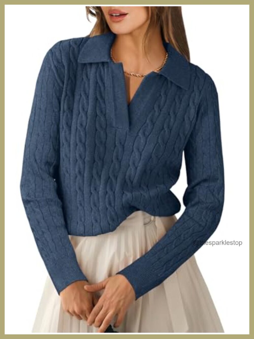 Womens Cable Knit Sweater Long Sleeve Polo V Neck Pullover Fall Top